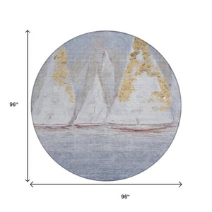 HomeRoots 5' Blue and Gold Nautical Area Rug – Washable, Stain-Resistant, Perfect for Indoor and Outdoor Spaces! 8' Round 631031