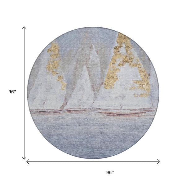 HomeRoots 5' Blue and Gold Nautical Area Rug – Washable, Stain-Resistant, Perfect for Indoor and Outdoor Spaces! 8' Round 631031