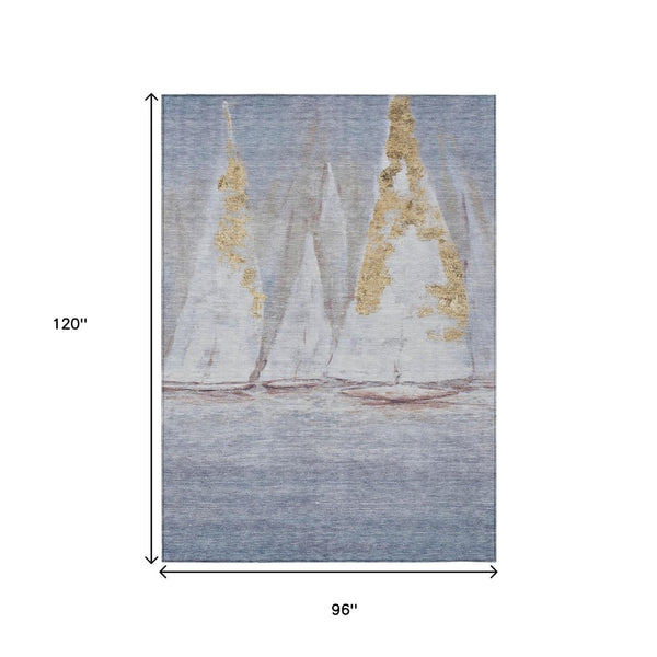 HomeRoots 5' Blue and Gold Nautical Area Rug – Washable, Stain-Resistant, Perfect for Indoor and Outdoor Spaces! 8' X 10' 631032