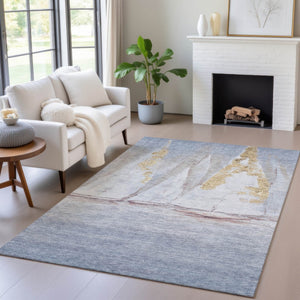HomeRoots 5' Blue and Gold Nautical Area Rug – Washable, Stain-Resistant, Perfect for Indoor and Outdoor Spaces! 10' X 14' 631034