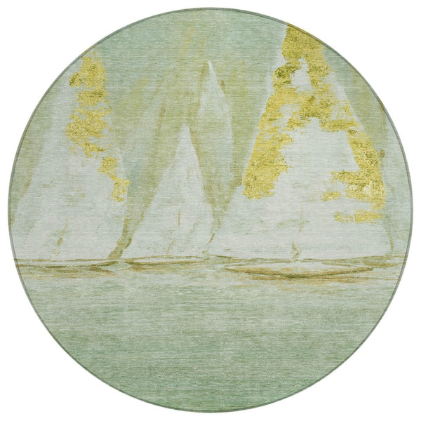 HomeRoots 5' Nautical Green and Gold Washable Area Rug - Durable Indoor/Outdoor Floor Covering for Any Space 8' Round 631037