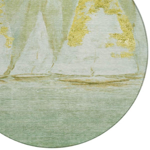 HomeRoots 5' Nautical Green and Gold Washable Area Rug - Durable Indoor/Outdoor Floor Covering for Any Space 8' Round 631037