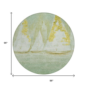 HomeRoots 5' Nautical Green and Gold Washable Area Rug - Durable Indoor/Outdoor Floor Covering for Any Space 8' Round 631037