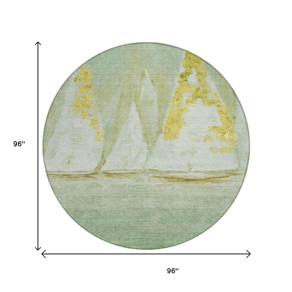 HomeRoots 5' Nautical Green and Gold Washable Area Rug - Durable Indoor/Outdoor Floor Covering for Any Space 8' Round 631037