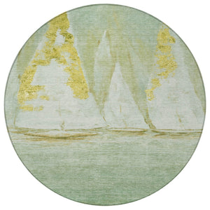 HomeRoots 5' Nautical Green and Gold Washable Area Rug - Durable Indoor/Outdoor Floor Covering for Any Space 8' Round 631037