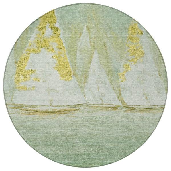HomeRoots 5' Nautical Green and Gold Washable Area Rug - Durable Indoor/Outdoor Floor Covering for Any Space 8' Round 631037
