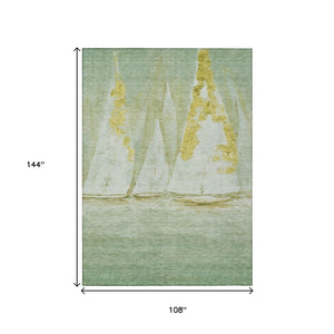 HomeRoots 5' Nautical Green and Gold Washable Area Rug - Durable Indoor/Outdoor Floor Covering for Any Space 9' X 12' 631039