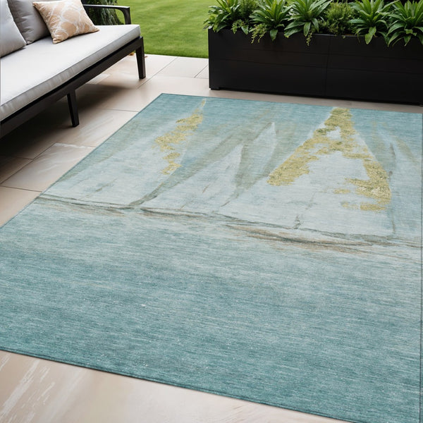 HomeRoots 5' Teal Blue and Gold Nautical Area Rug – Stylish, Durable, Washable for Indoor and Outdoor Spaces 5' X 8' 631042