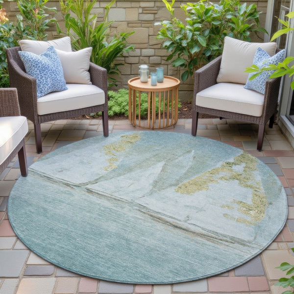 HomeRoots 5' Teal Blue and Gold Nautical Area Rug – Stylish, Durable, Washable for Indoor and Outdoor Spaces 8' Round 631043
