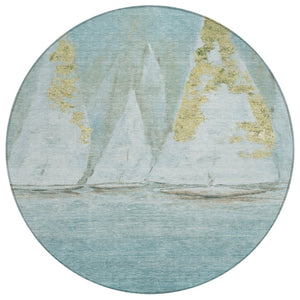 HomeRoots 5' Teal Blue and Gold Nautical Area Rug – Stylish, Durable, Washable for Indoor and Outdoor Spaces 8' Round 631043
