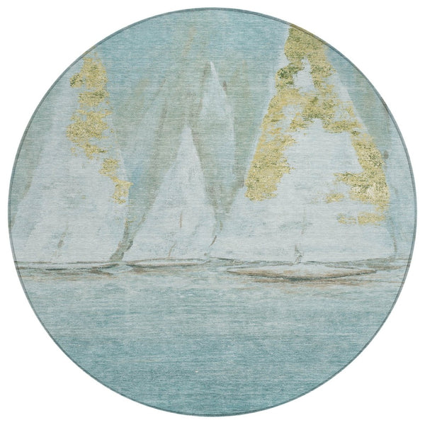 HomeRoots 5' Teal Blue and Gold Nautical Area Rug – Stylish, Durable, Washable for Indoor and Outdoor Spaces 8' Round 631043