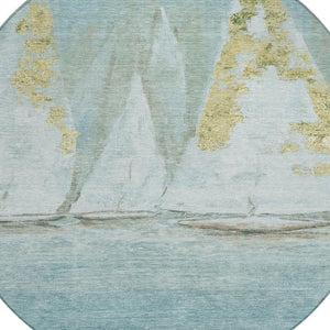 HomeRoots 5' Teal Blue and Gold Nautical Area Rug – Stylish, Durable, Washable for Indoor and Outdoor Spaces 8' Round 631043