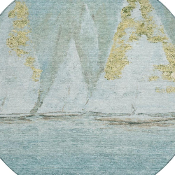 HomeRoots 5' Teal Blue and Gold Nautical Area Rug – Stylish, Durable, Washable for Indoor and Outdoor Spaces 8' Round 631043