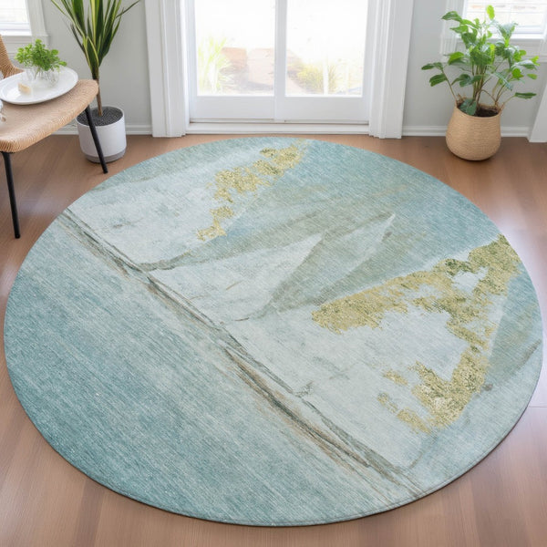 HomeRoots 5' Teal Blue and Gold Nautical Area Rug – Stylish, Durable, Washable for Indoor and Outdoor Spaces 8' Round 631043