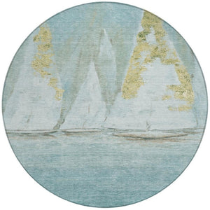 HomeRoots 5' Teal Blue and Gold Nautical Area Rug – Stylish, Durable, Washable for Indoor and Outdoor Spaces 8' Round 631043