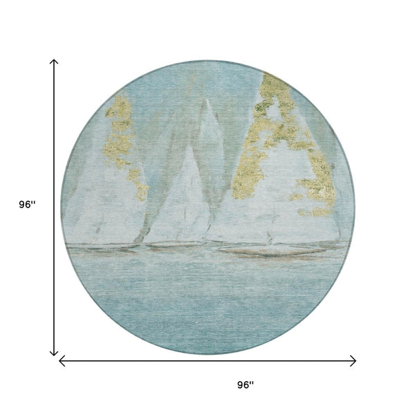 HomeRoots 5' Teal Blue and Gold Nautical Area Rug – Stylish, Durable, Washable for Indoor and Outdoor Spaces 8' Round 631043
