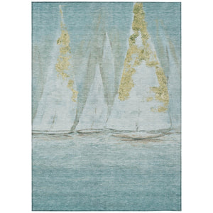 HomeRoots 5' Teal Blue and Gold Nautical Area Rug – Stylish, Durable, Washable for Indoor and Outdoor Spaces 8' X 10' 631044