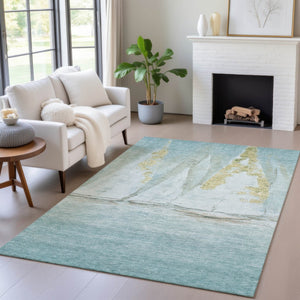 HomeRoots 5' Teal Blue and Gold Nautical Area Rug – Stylish, Durable, Washable for Indoor and Outdoor Spaces 8' X 10' 631044