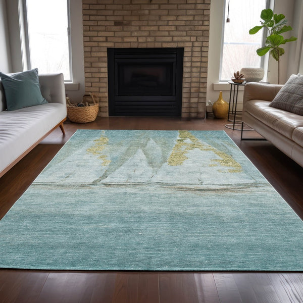 HomeRoots 5' Teal Blue and Gold Nautical Area Rug – Stylish, Durable, Washable for Indoor and Outdoor Spaces 8' X 10' 631044