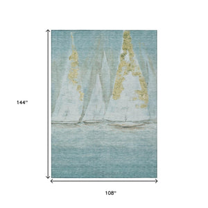 HomeRoots 5' Teal Blue and Gold Nautical Area Rug – Stylish, Durable, Washable for Indoor and Outdoor Spaces 9' X 12' 631045