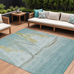 HomeRoots 5' Teal Blue and Gold Nautical Area Rug – Stylish, Durable, Washable for Indoor and Outdoor Spaces 9' X 12' 631045