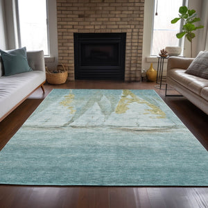 HomeRoots 5' Teal Blue and Gold Nautical Area Rug – Stylish, Durable, Washable for Indoor and Outdoor Spaces 9' X 12' 631045