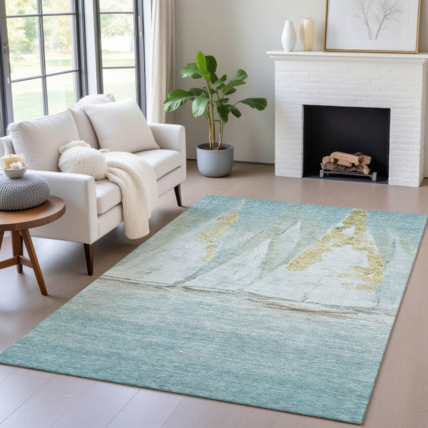 HomeRoots 5' Teal Blue and Gold Nautical Area Rug – Stylish, Durable, Washable for Indoor and Outdoor Spaces 10' X 14' 631046