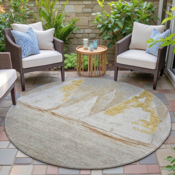 HomeRoots 5' Nautical Taupe and Gold Area Rug - Durable, Washable Design for Indoor and Outdoor Spaces 8' Round 631049