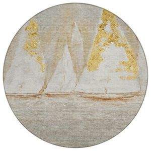 HomeRoots 5' Nautical Taupe and Gold Area Rug - Durable, Washable Design for Indoor and Outdoor Spaces 8' Round 631049