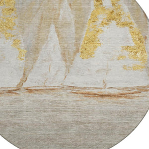 HomeRoots 5' Nautical Taupe and Gold Area Rug - Durable, Washable Design for Indoor and Outdoor Spaces 8' Round 631049