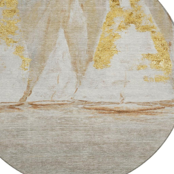 HomeRoots 5' Nautical Taupe and Gold Area Rug - Durable, Washable Design for Indoor and Outdoor Spaces 8' Round 631049