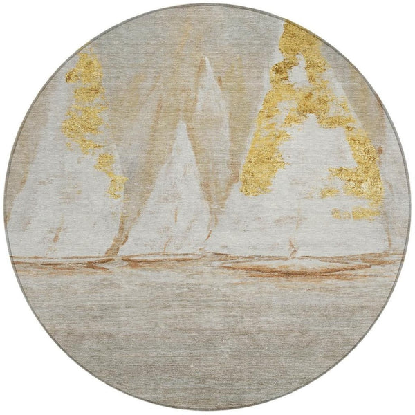 HomeRoots 5' Nautical Taupe and Gold Area Rug - Durable, Washable Design for Indoor and Outdoor Spaces 8' Round 631049