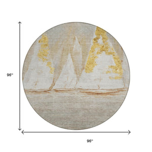 HomeRoots 5' Nautical Taupe and Gold Area Rug - Durable, Washable Design for Indoor and Outdoor Spaces 8' Round 631049