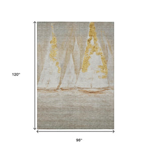 HomeRoots 5' Nautical Taupe and Gold Area Rug - Durable, Washable Design for Indoor and Outdoor Spaces 8' X 10' 631050