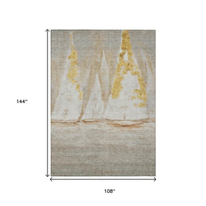 HomeRoots 5' Nautical Taupe and Gold Area Rug - Durable, Washable Design for Indoor and Outdoor Spaces 9' X 12' 631051