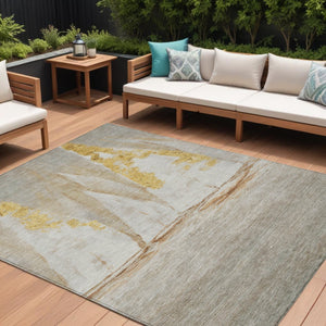 HomeRoots 5' Nautical Taupe and Gold Area Rug - Durable, Washable Design for Indoor and Outdoor Spaces 9' X 12' 631051