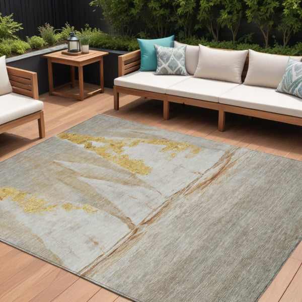 HomeRoots 5' Nautical Taupe and Gold Area Rug - Durable, Washable Design for Indoor and Outdoor Spaces 9' X 12' 631051