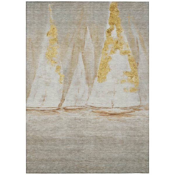 HomeRoots 5' Nautical Taupe and Gold Area Rug - Durable, Washable Design for Indoor and Outdoor Spaces 9' X 12' 631051