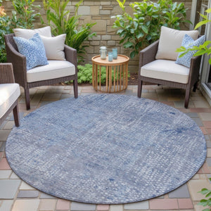 HomeRoots 5' Stylish Blue and Ivory Abstract Area Rug - Durable, Washable, Perfect for Indoor and Outdoor Use 8' Round 631061