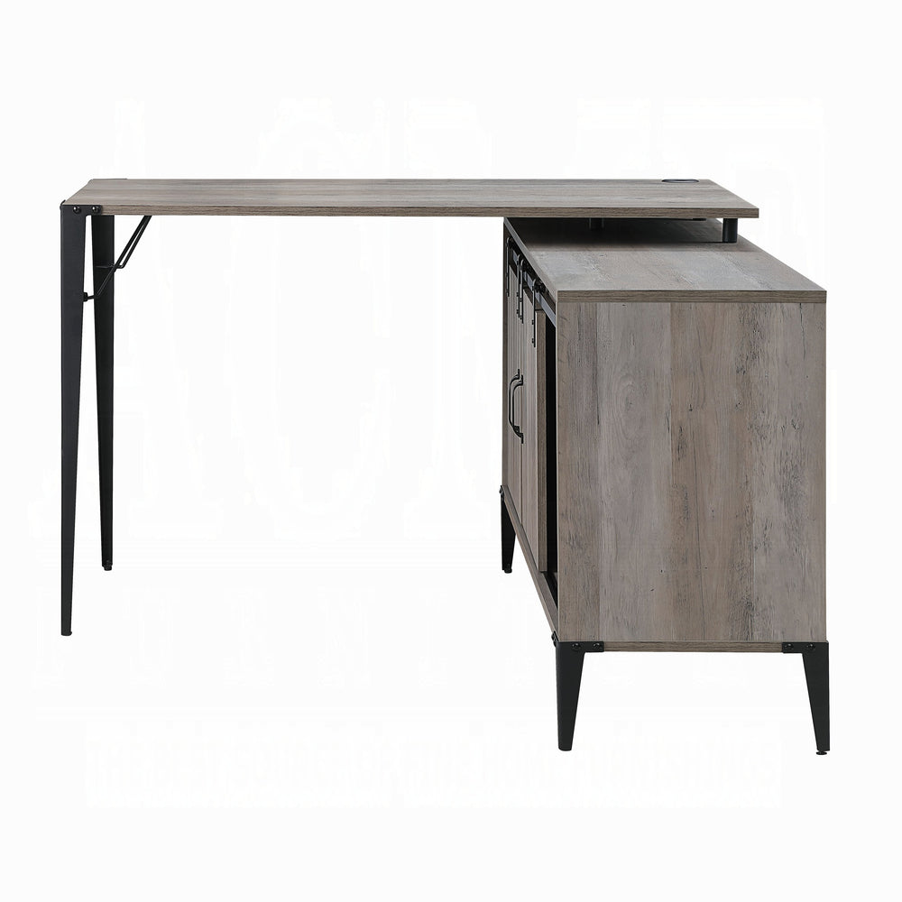 English Elm Grey Oak Spacious Writing Desk with Sliding Barn Door, Black Metal Legs, Cord Management, Storage B062P209219