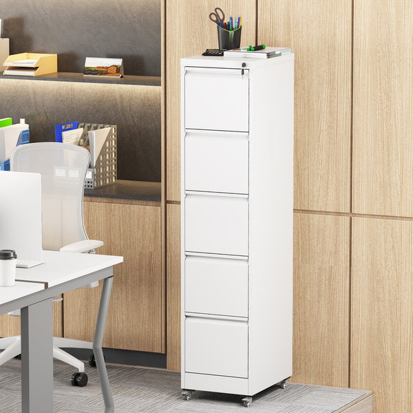English Elm 5 Drawer Vertical File Cabinet on Wheels with Lock, Heavy-Duty Steel, Anti-Tilt Mobile Storage for A4/Letter/Legal Files White T2398P310088