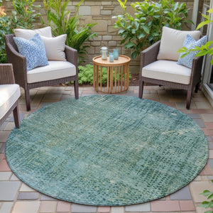 HomeRoots 5' Teal Blue and Ivory Abstract Area Rug - Washable, Durable, Stylish for Indoor and Outdoor Spaces 8' Round 631103