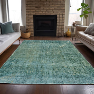 HomeRoots 5' Teal Blue and Ivory Abstract Area Rug - Washable, Durable, Stylish for Indoor and Outdoor Spaces 10' X 14' 631106
