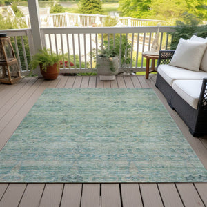 HomeRoots 5' Stylish Teal Blue and Linen Oriental Area Rug - Washable, Durable for Indoor/Outdoor Use 5' X 8' 631138
