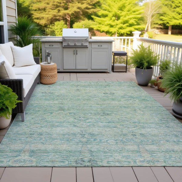 HomeRoots 5' Stylish Teal Blue and Linen Oriental Area Rug - Washable, Durable for Indoor/Outdoor Use 8' X 10' 631140