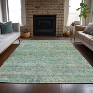 HomeRoots 5' Stylish Teal Blue and Linen Oriental Area Rug - Washable, Durable for Indoor/Outdoor Use 9' X 12' 631141