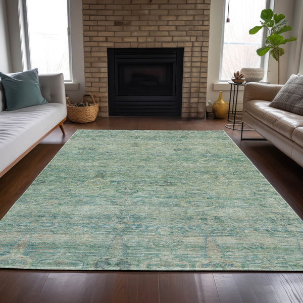 HomeRoots 5' Stylish Teal Blue and Linen Oriental Area Rug - Washable, Durable for Indoor/Outdoor Use 10' X 14' 631142