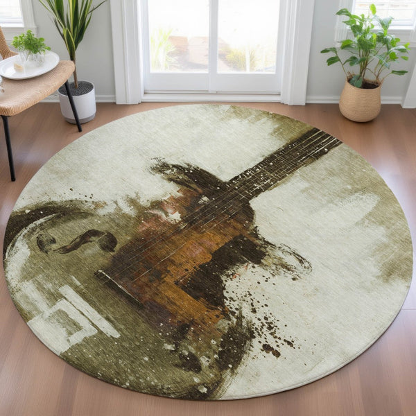 HomeRoots 5' Abstract Washable Area Rug in Rich Brown, Copper & Charcoal - Durable for Indoor & Outdoor Use 8' Round 631151