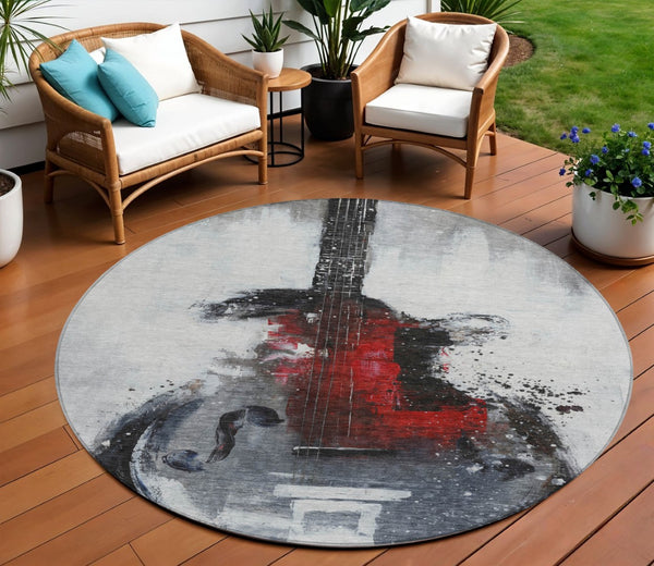 HomeRoots 5' Stylish Gray Charcoal and Red Abstract Area Rug for Indoor Outdoor Durability and Easy Care 8' Round 631157