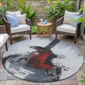 HomeRoots 5' Stylish Gray Charcoal and Red Abstract Area Rug for Indoor Outdoor Durability and Easy Care 8' Round 631157